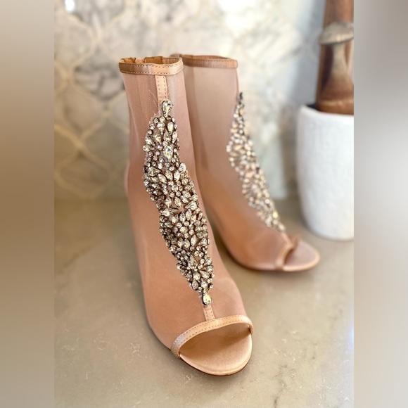 Lulu’s Hanakun Rose Gold Satin Rhinestone Peep toe Booties - Picture 5 of 14
